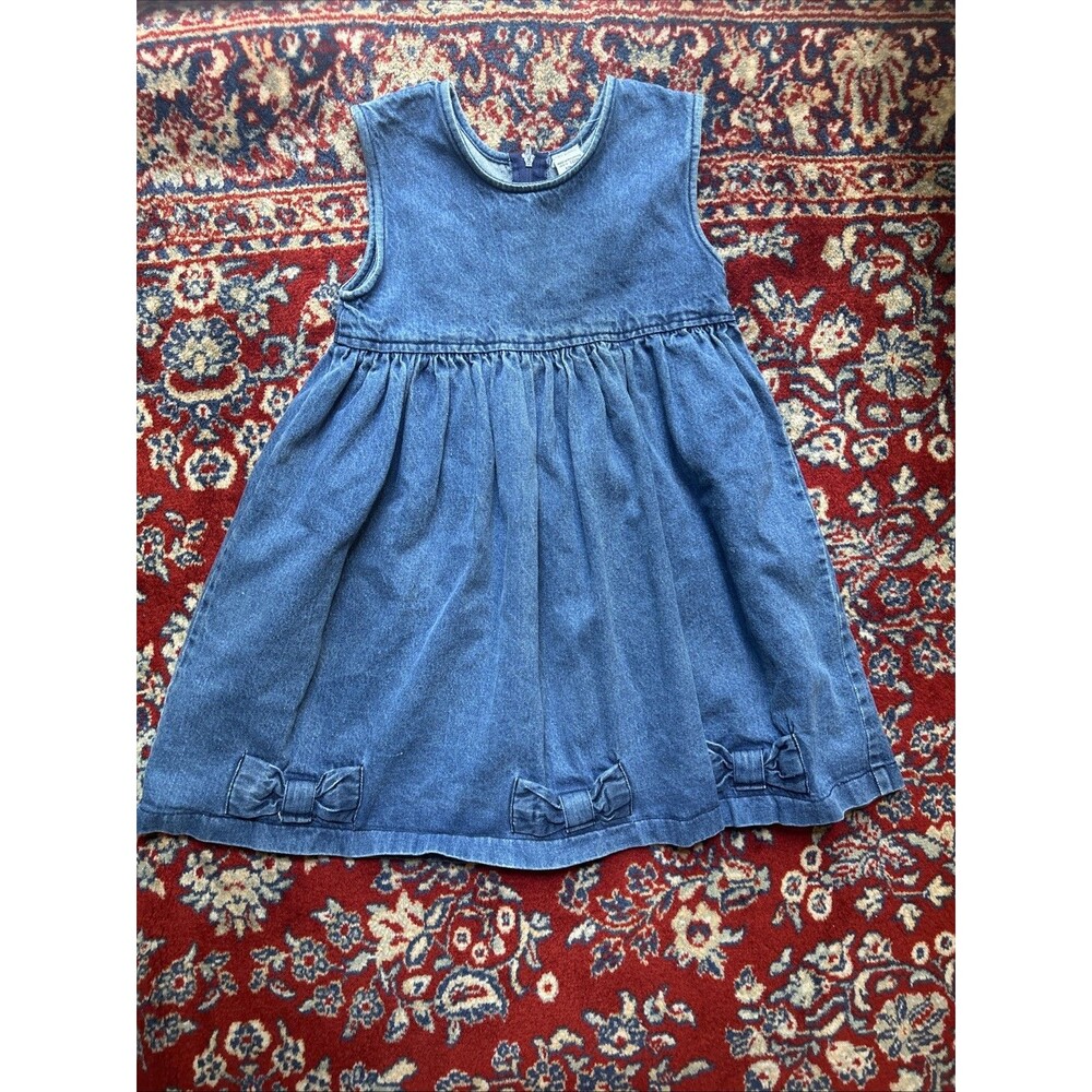 Vintage Toddler Girls Denim Summer Dress Size 5 Bow 100% Cotton